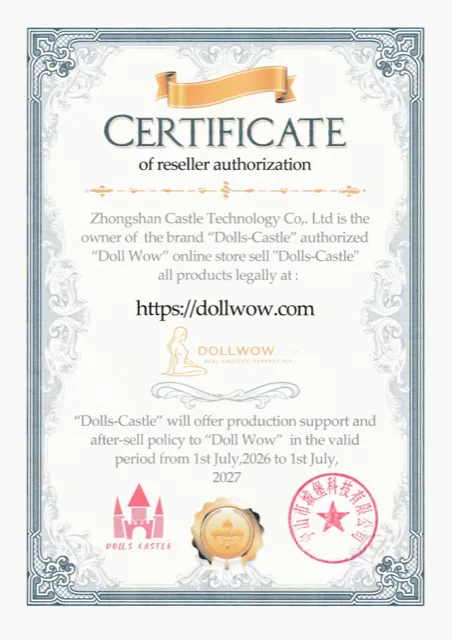 Dolls Castle certificate authorizing DollWow as a retailer