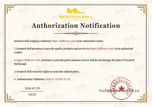 Irontech Dolls certification authorizing DollWow as a retailer