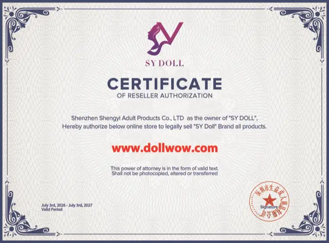 SY Dolls certification authorizing DollWow as a retailer