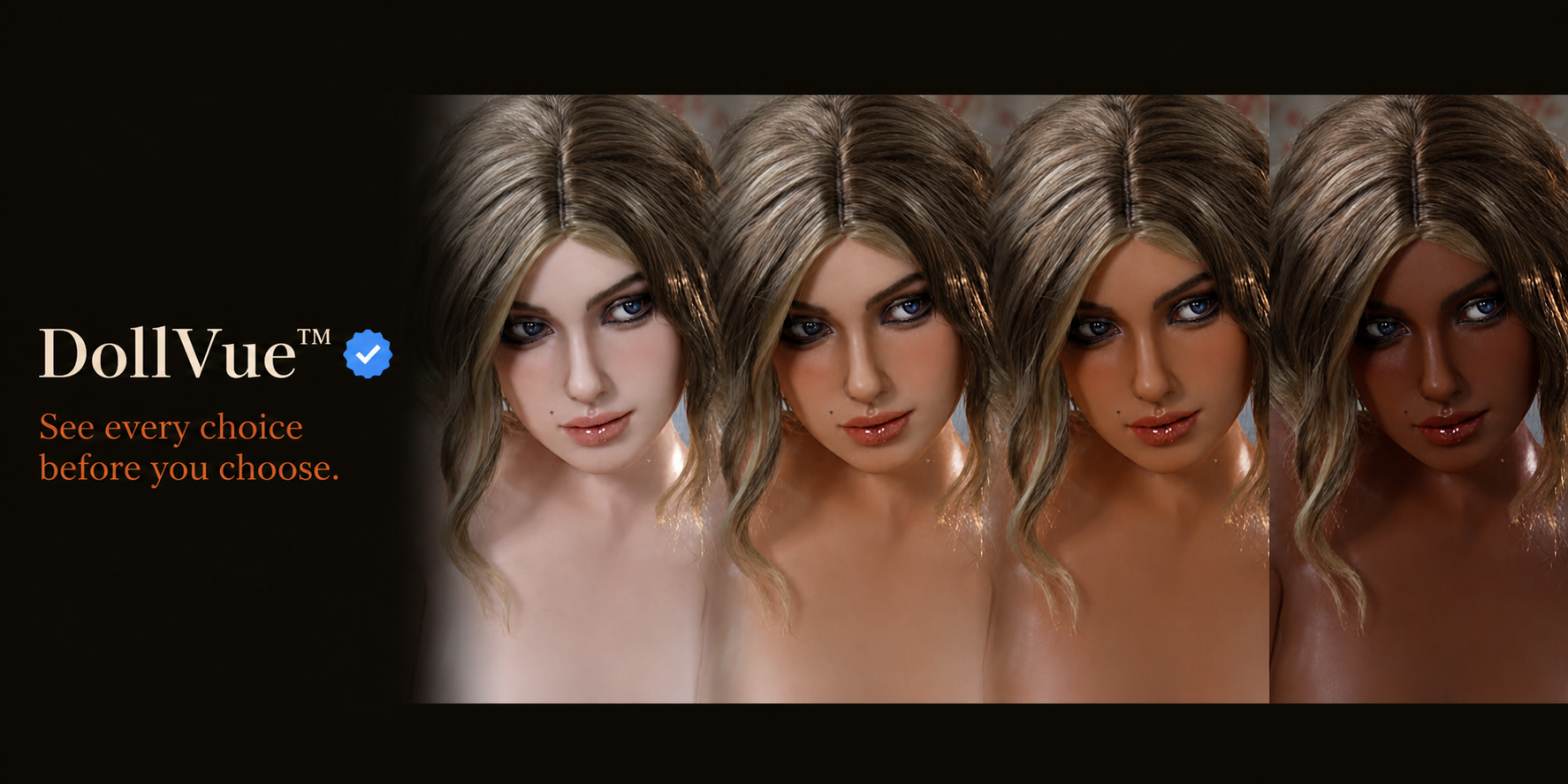 DollVue preview showing the same Luna doll in four selectable skin tones