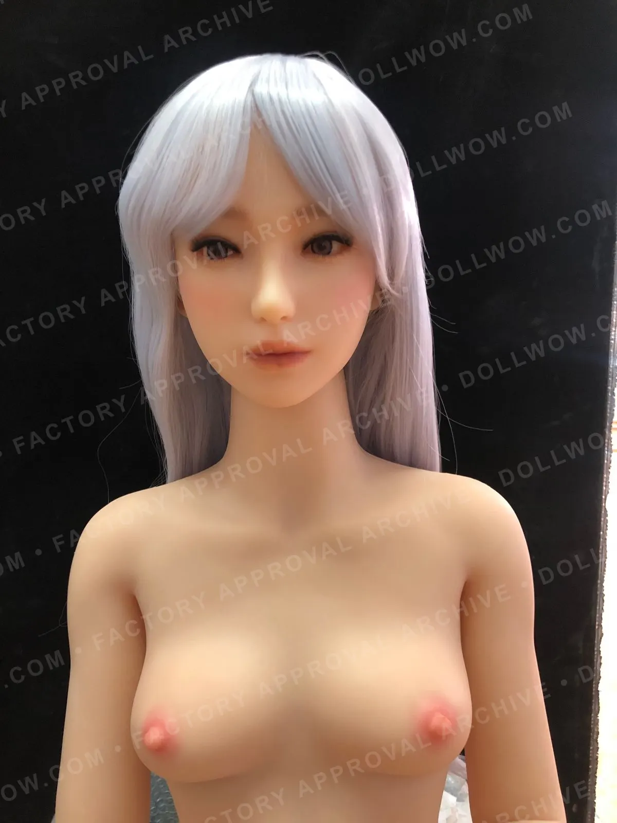 Anonymized historical factory photo showing a completed doll build for visible configuration review.