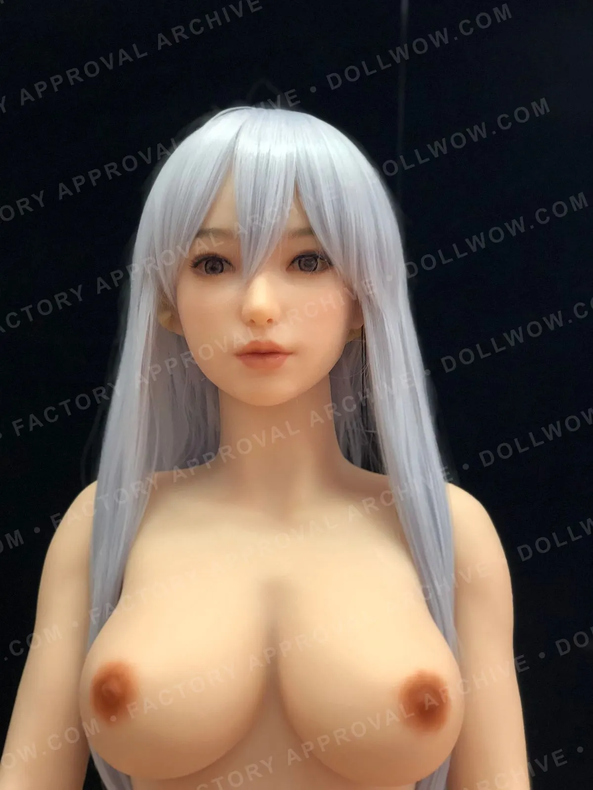 Anonymized historical factory photo showing a completed doll build for visible configuration review.