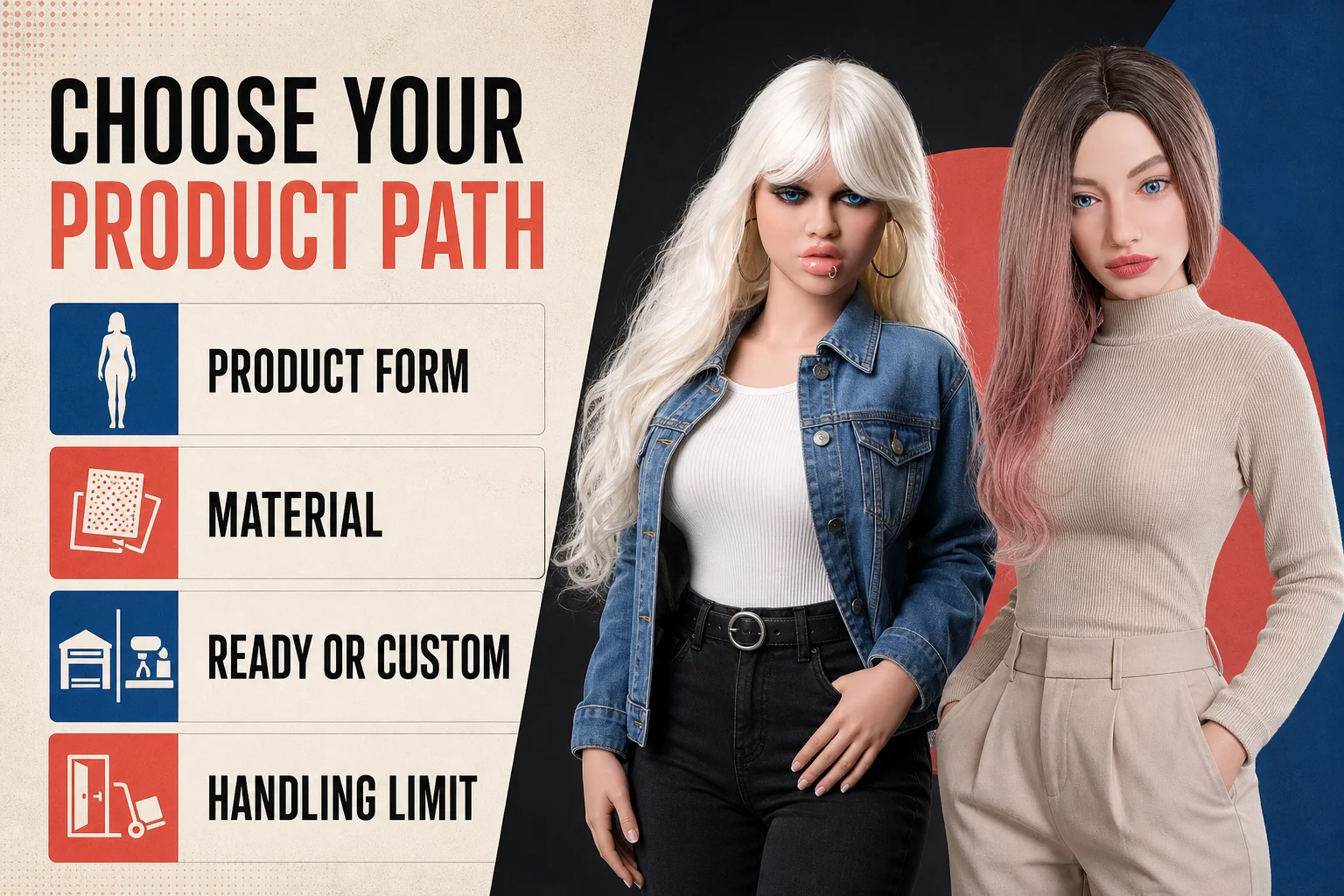Two current DollWow catalog dolls and four checks for choosing product form, material, ready or custom ordering, and a realistic handling limit