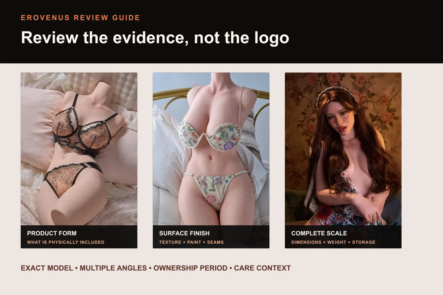 Three current Erovenus products illustrating product form, surface finish, complete scale, and the evidence a useful review should include