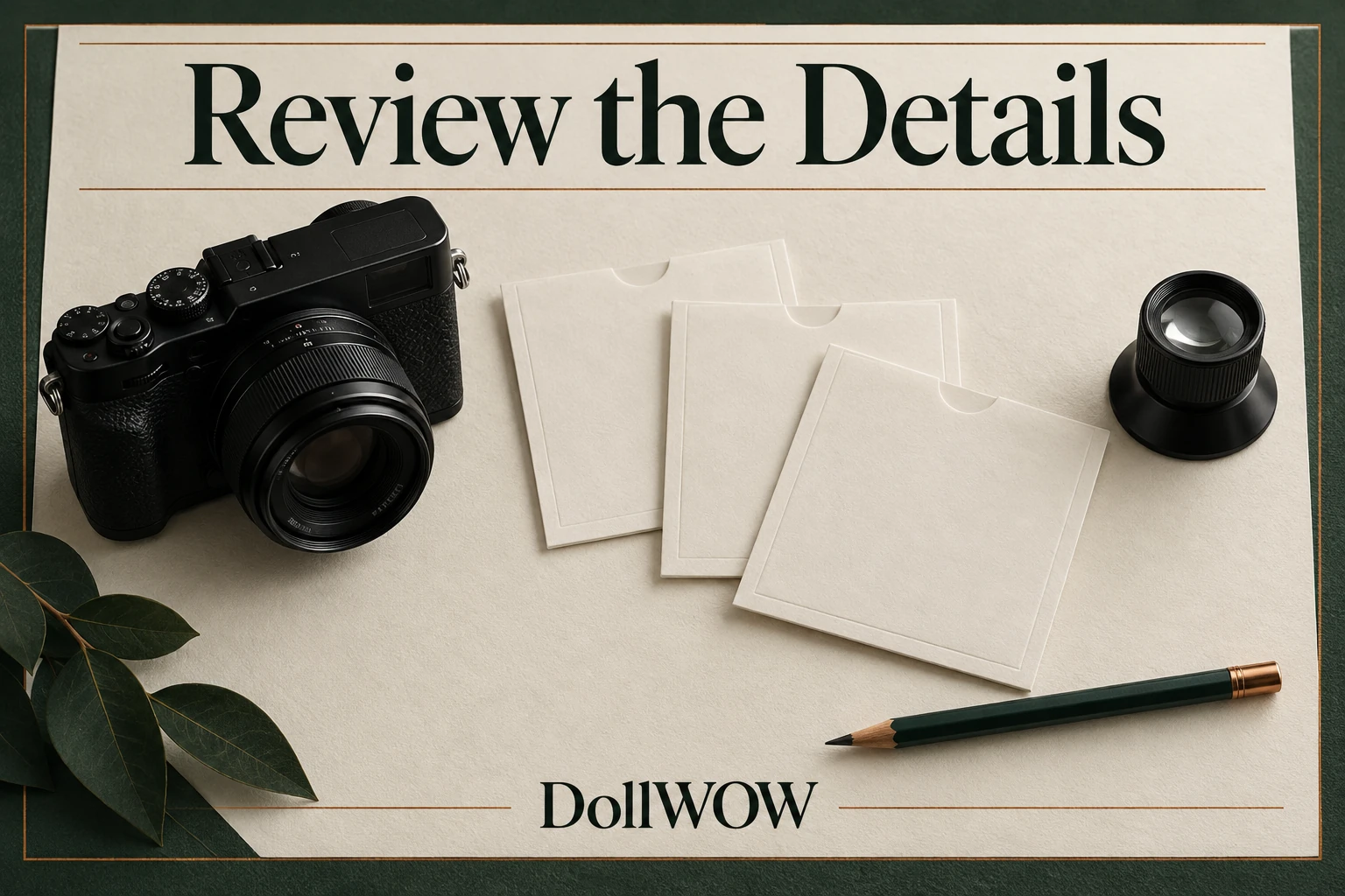 Photo-review cover showing a camera, loupe and empty print sleeves.