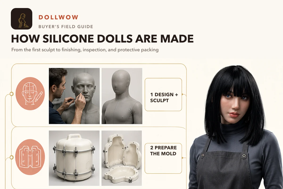 Visual guide to silicone doll production from sculpting and mold preparation through skeleton placement, silicone casting, hand finishing, inspection, and packing