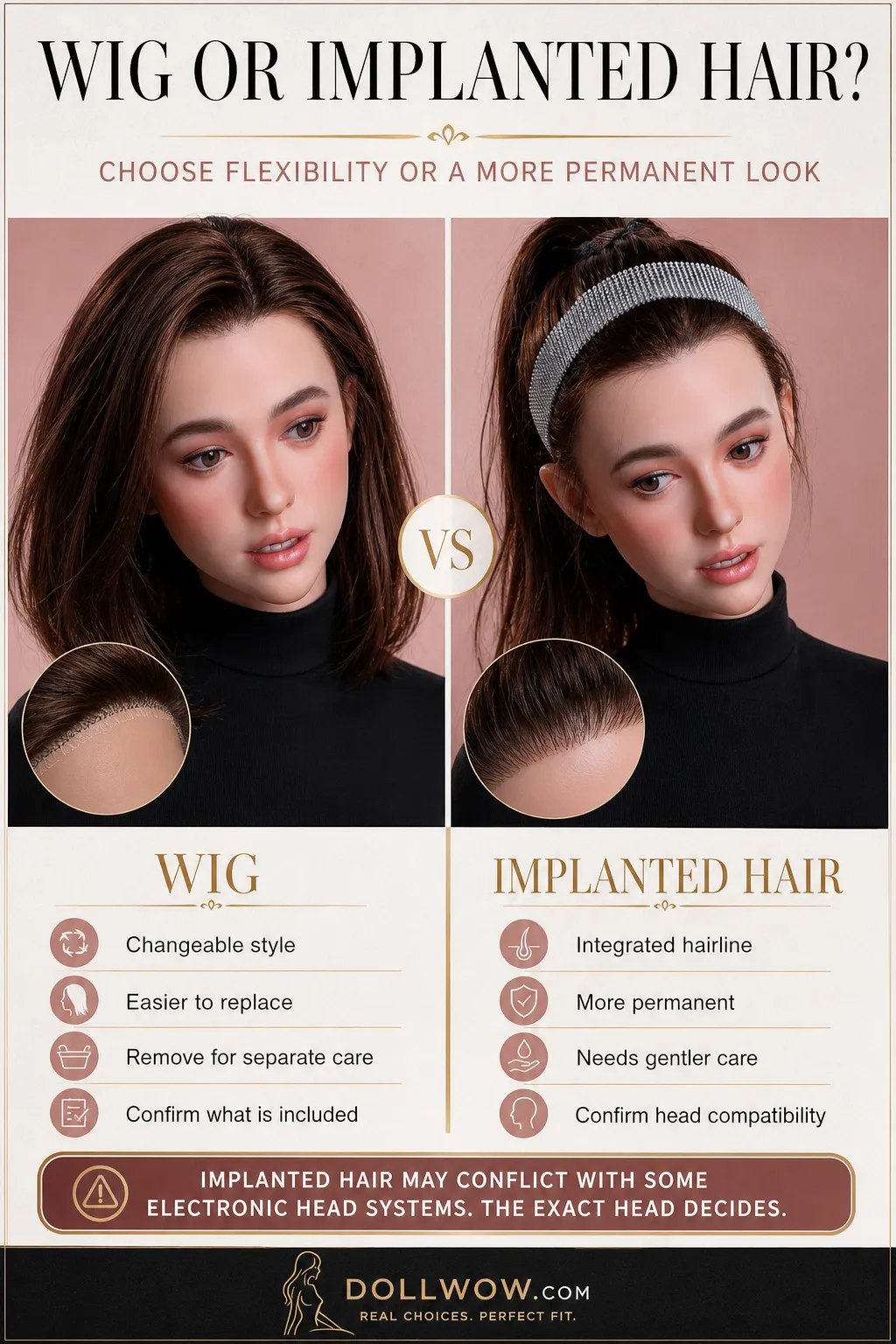 The same adult catalog doll shown with a removable wig and an implanted-hair example, with flexibility, care, and compatibility checks
