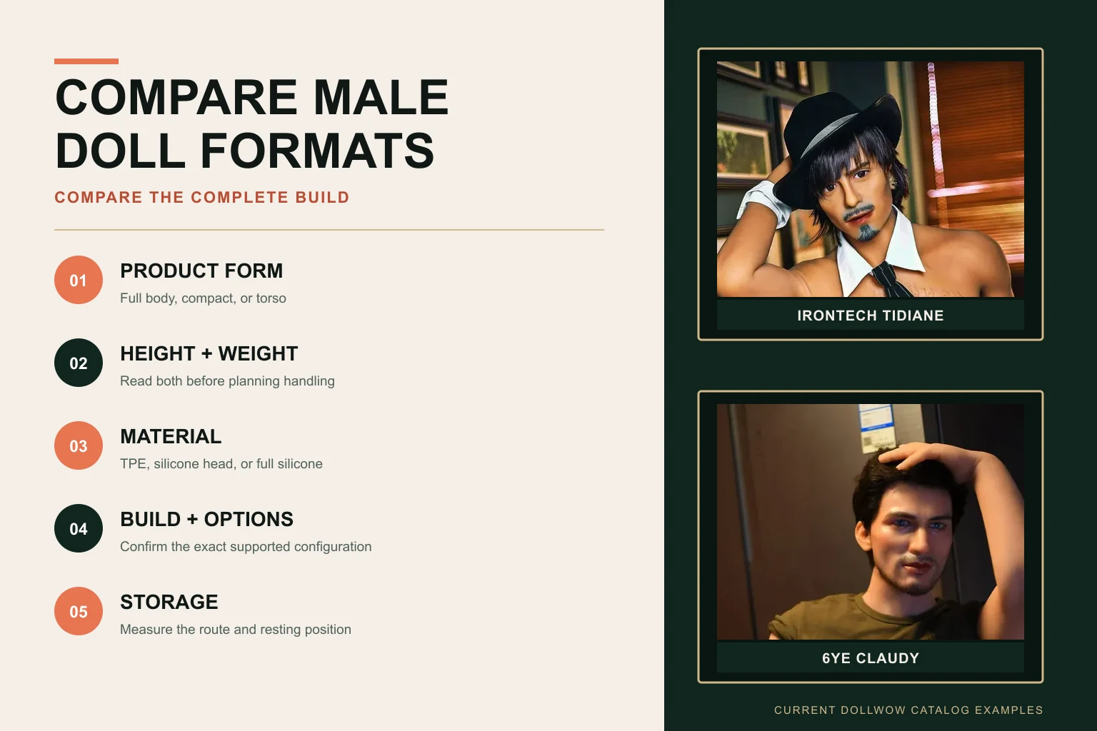 Current Irontech Tidiane and 6YE Claudy catalog examples beside five checks for comparing male doll formats