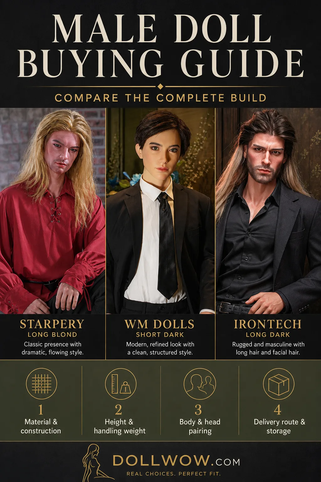 Starpery, WM Dolls, and Irontech male catalog dolls with a four-step framework for comparing construction, handling, body and head pairing, delivery, and storage