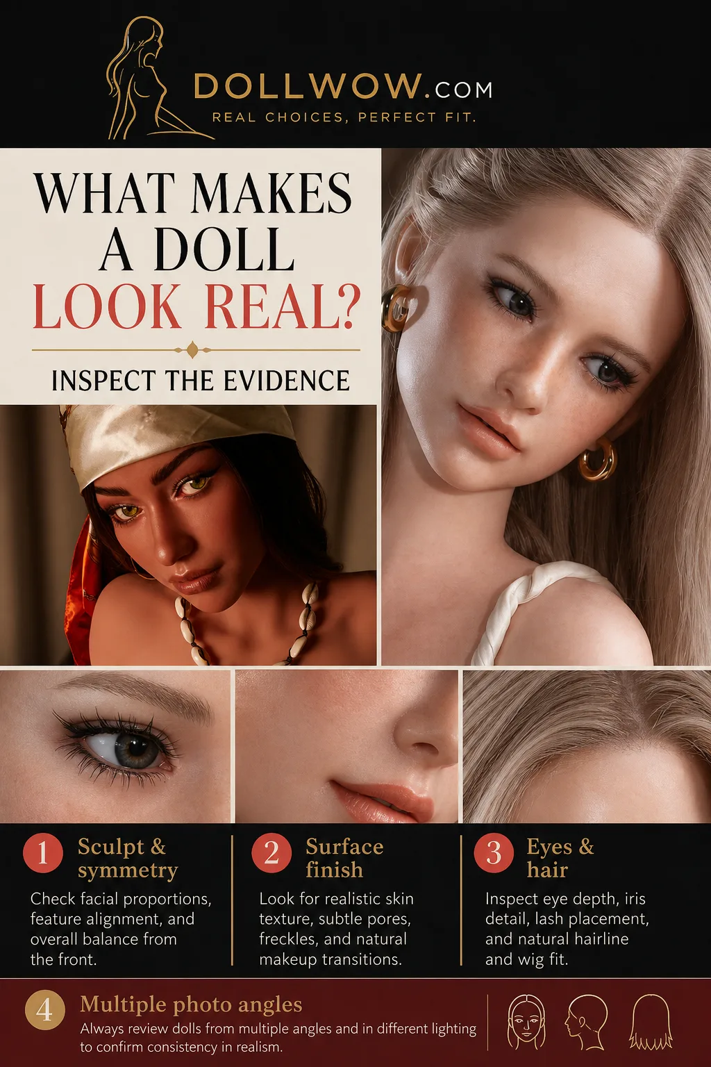 Two current catalog dolls and close-up details showing how to inspect facial sculpt, surface finish, eyes, hair, and multiple photo angles