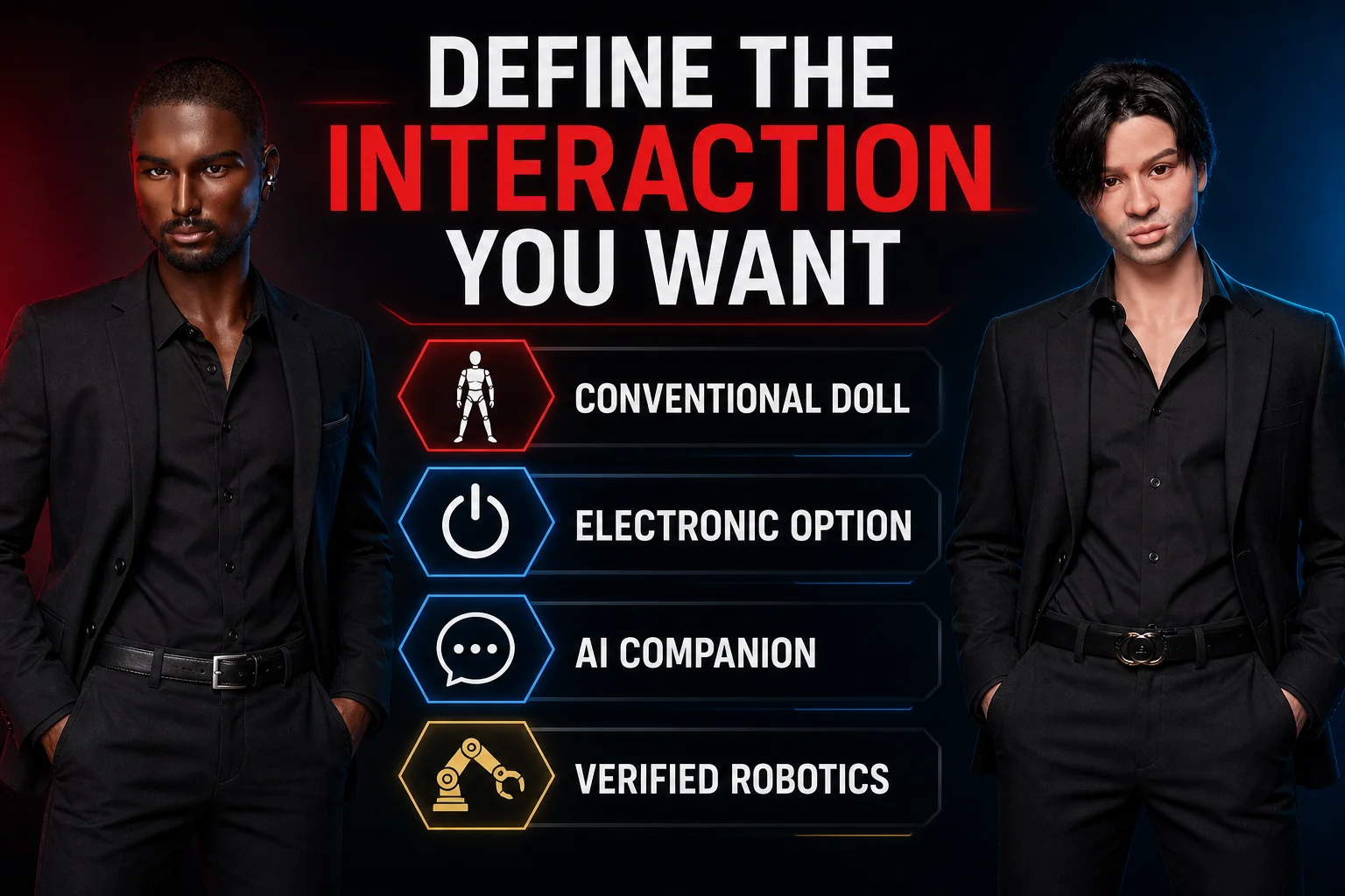 Two current male DollWow catalog dolls beside four separate interaction levels from a conventional doll to verified robotics