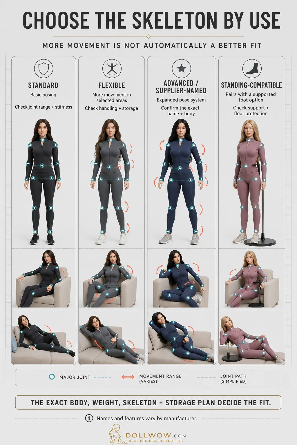 Four fully clothed companion-doll mannequins illustrating standard, flexible, advanced supplier-named, and standing-compatible movement paths