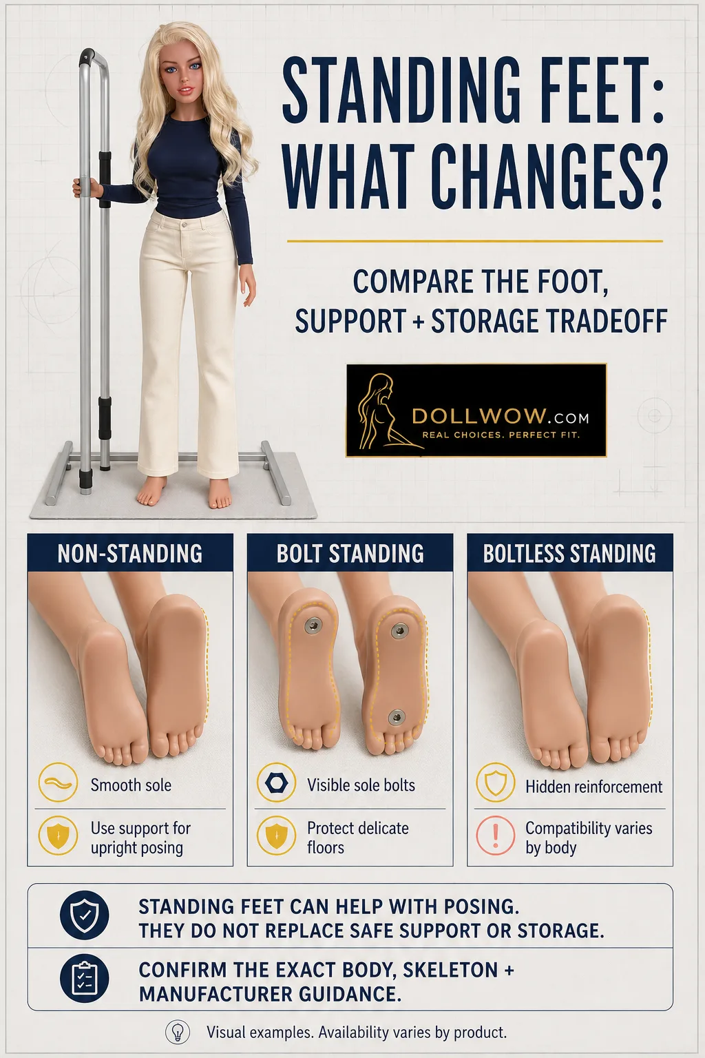 A fully clothed catalog doll using external support beside examples of non-standing, bolt-standing, and boltless-standing feet