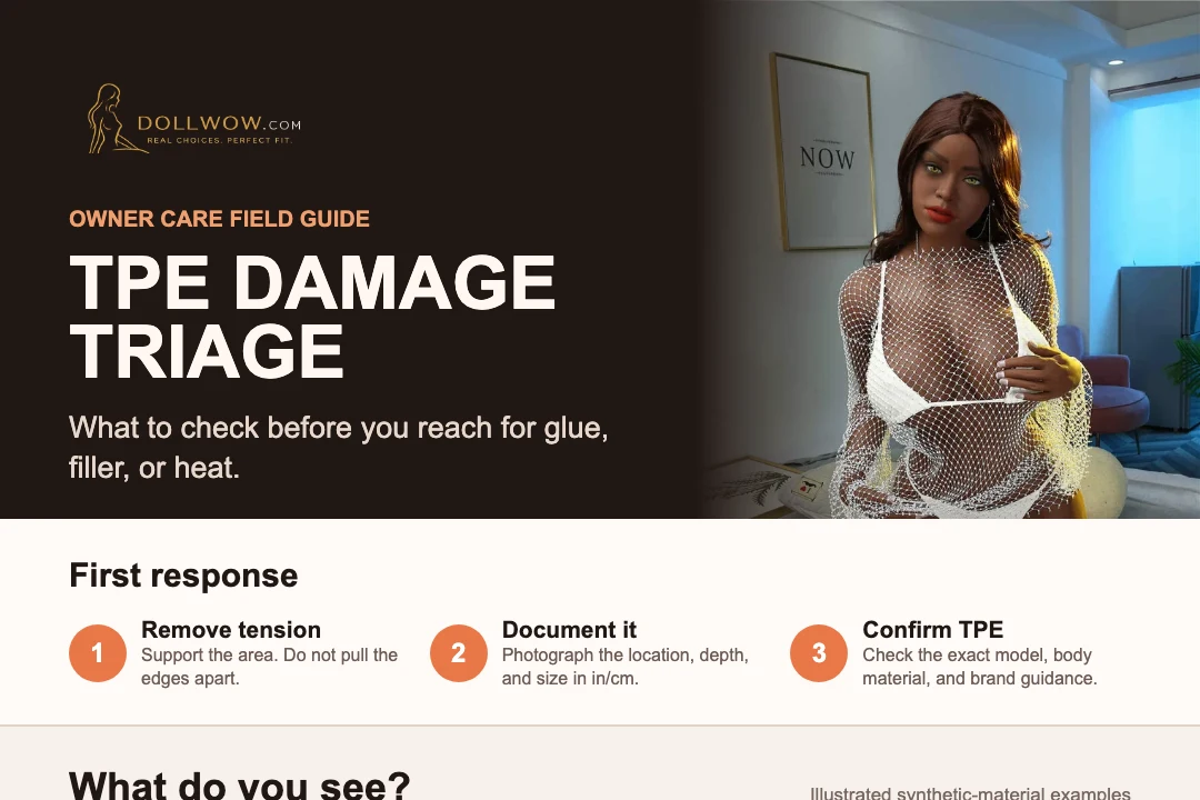 TPE damage triage guide using a current Irontech TPE doll and illustrated examples of a small surface split, high-stress damage, and exposed internal components
