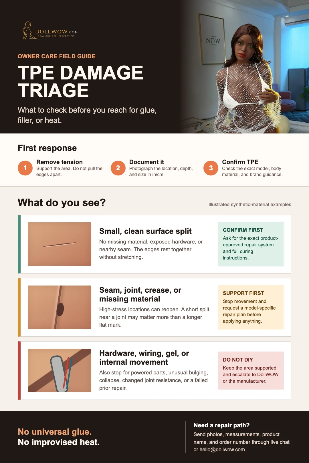 TPE damage triage guide using a current Irontech TPE doll and illustrated examples of a small surface split, high-stress damage, and exposed internal components