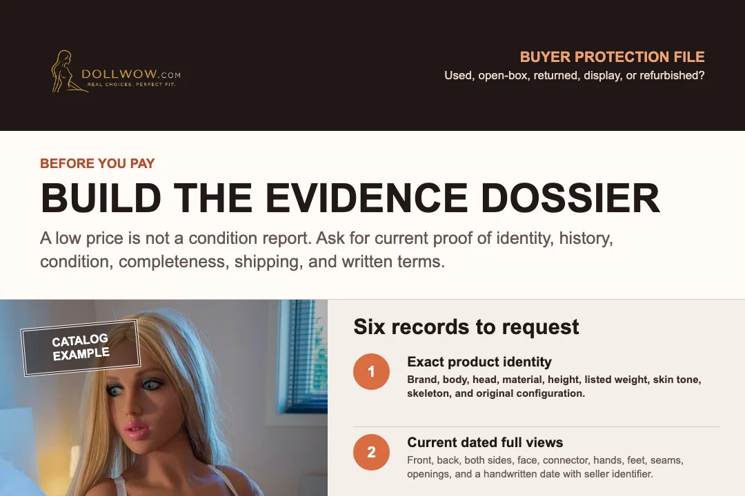 Used sex doll inspection dossier using a current WM catalog product and six evidence checks for identity, dated views, condition, repair history, packaging, and written transaction terms