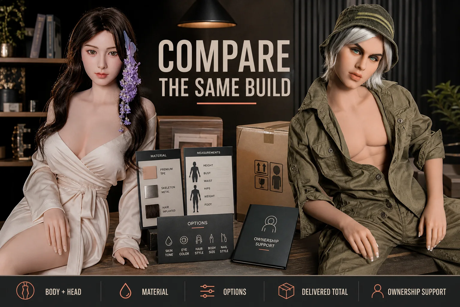A current Starpery doll and WM male doll with five checks for comparing the same body and head, material, options, delivered total, and ownership support